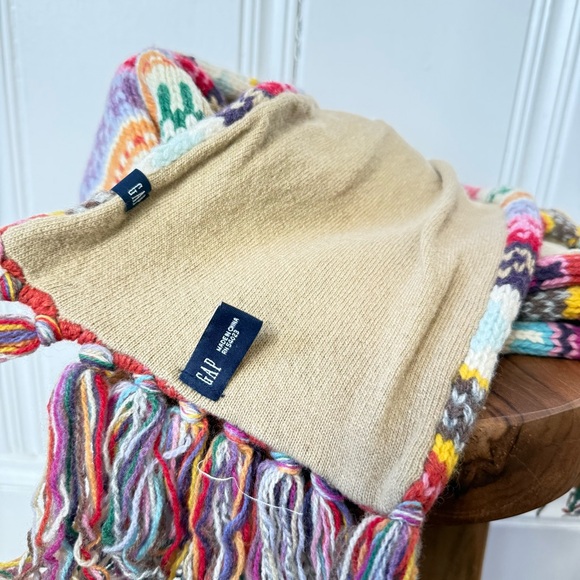 Vintage GAP 100% Wool Multicolor Patterned Fringe Throw Scarf - Picture 5 of 7